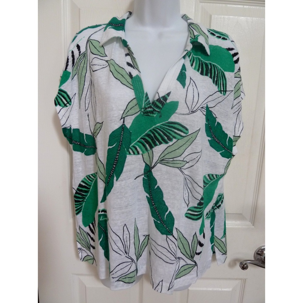 Tahari XL 100% Linen Tropical Palm Leaf V-Neck Boxy Pullover Blouse Green White